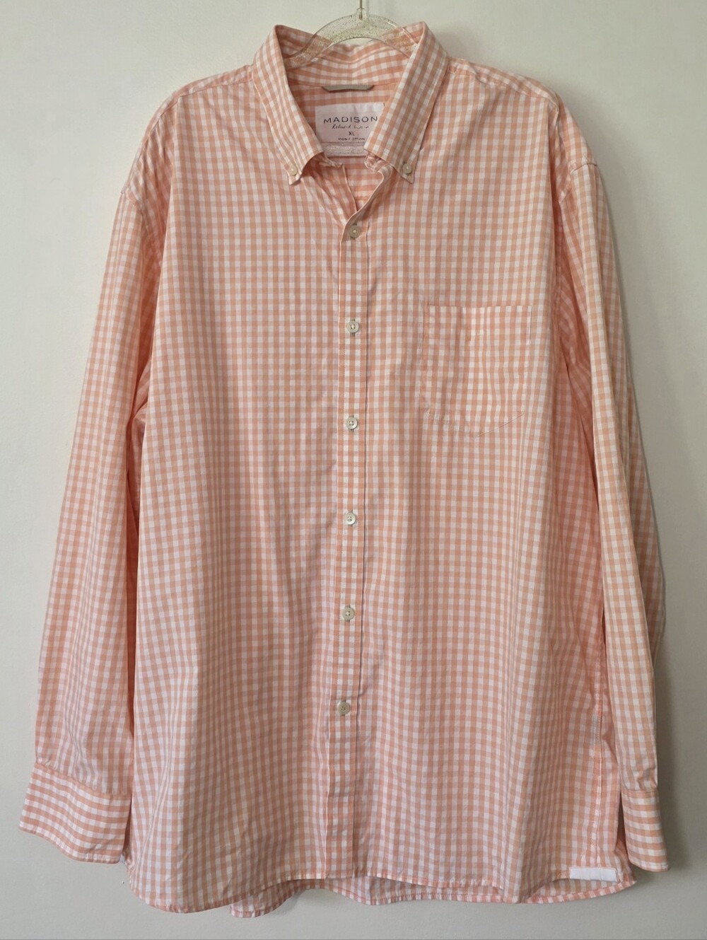 Men's Madison Orange White Gingham Plaid 100% Cotton Button Down Shirt 1X
